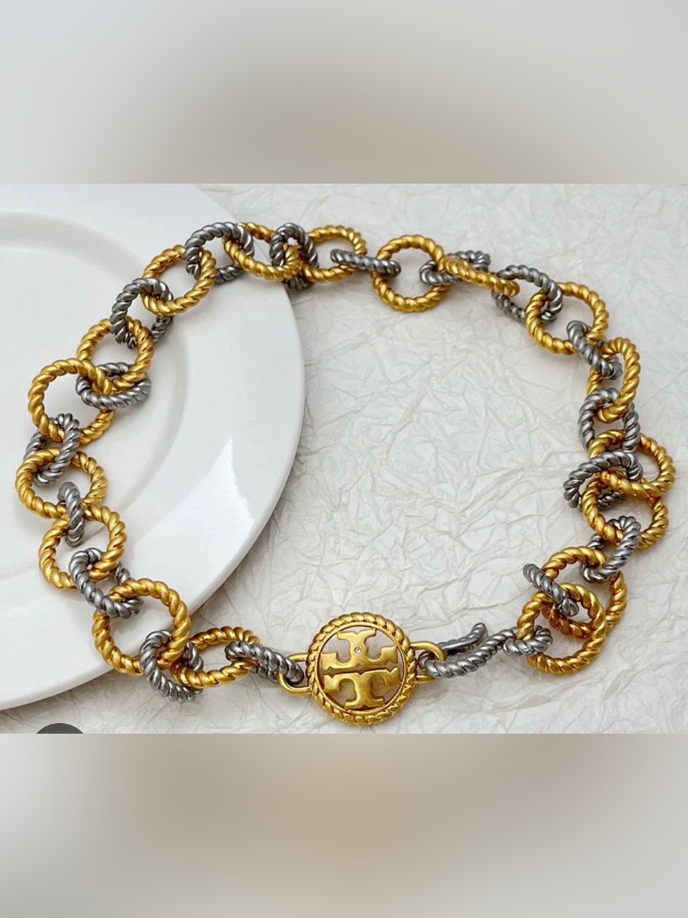 Two-Tone Gold and Silver Rope-Link Logo Necklace